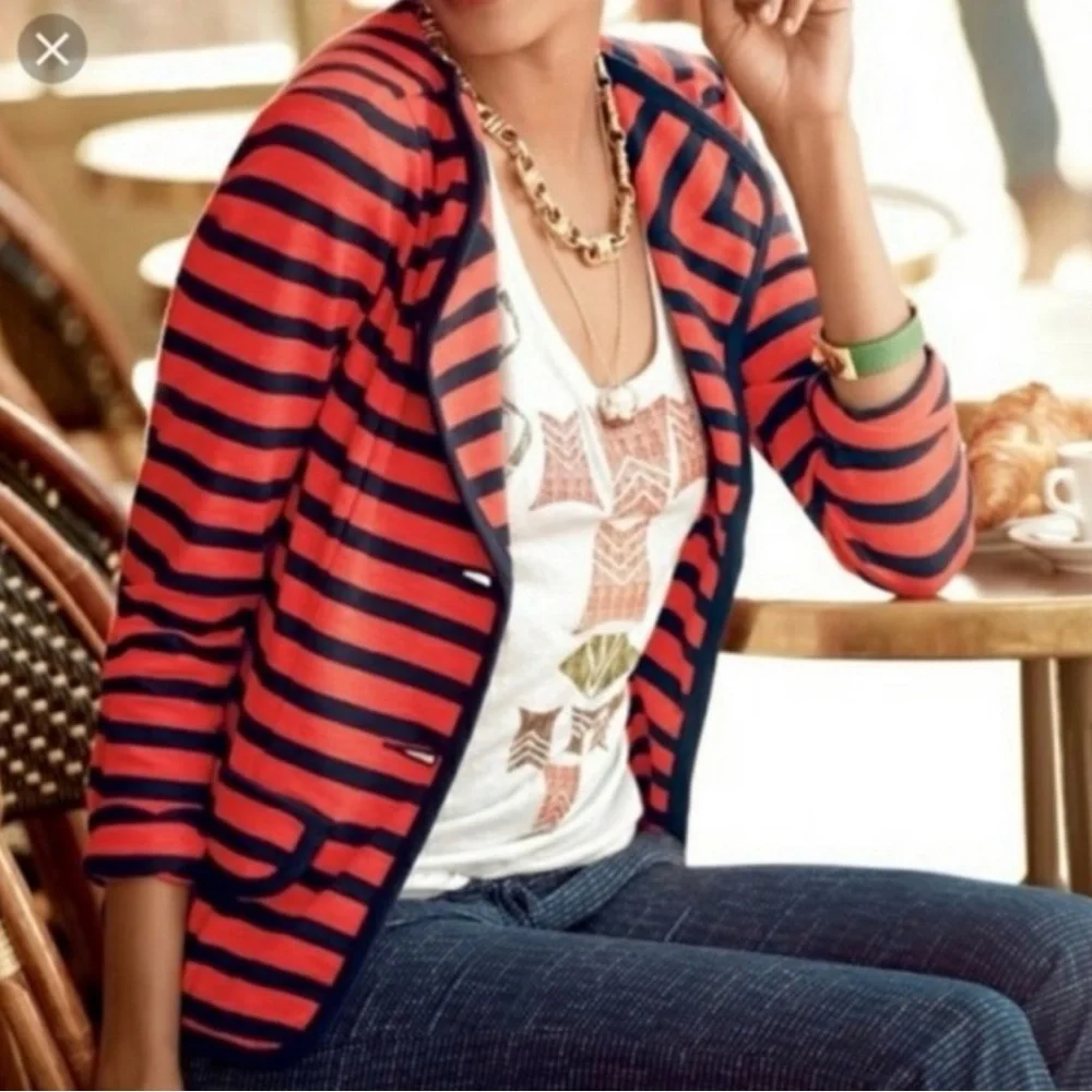 CAbi Au Revoir Yacht Club Red Blue Striped Nautical Blazer Gold Buttons XS‎